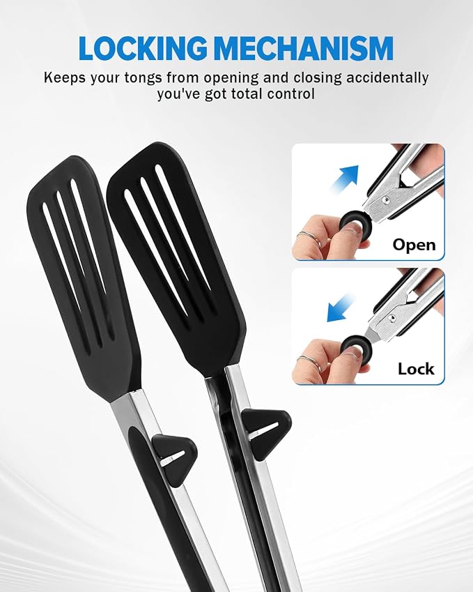 Kitchen Tongs for Cooking, Non Scratch Silicone Tip for Nonstick Cooking Pans, Food Grade Mini Serving Tongs, Pull Lock, Set of 3 (Black, 9 inch)