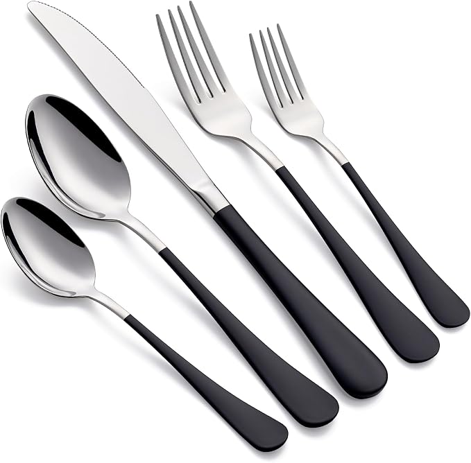 20-Piece Black Silverware Set 18/0 Stainless Steel Silverware Set Black Handle Cutlery Set Service for 4 Dinner Knives Forks Spoons Set Flatware Set Finish Dishwasher Safe