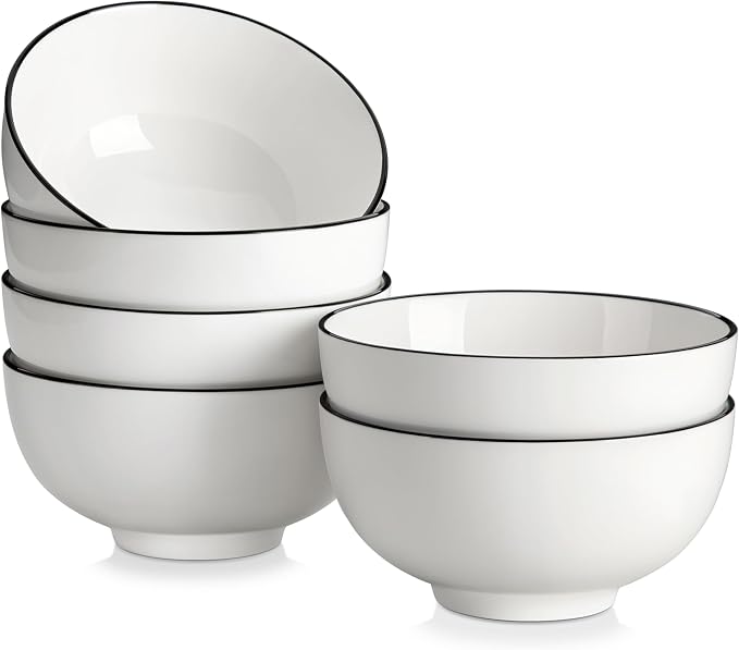 MALACASA 26 Oz Ceramic Cereal Bowls Set of 6 - White Bowl wtih Black Rim | Perfect for soup, cereal, ramen, rice, oatmeal & salad; Scratch-resistant; stackable, microwave, oven & dishwasher safe