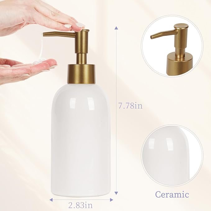 Natheeph 2PC 14OZ Ceramic Soap Dispenser Can Fill Hand Soap (White+Green) | Refillable Shampoo/Lotion/Liquid/Soap Dispenser for Bathroom, Dish Soap/Detergent for Kitchen, Soap Pump Dispenser Bottle