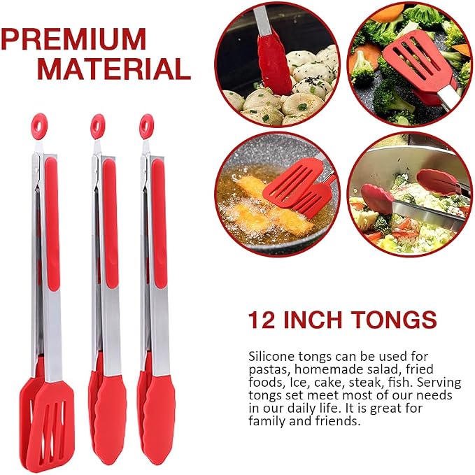 12 Inch Kitchen Tongs Set of 3, Cooking Tongs with Silicone Tips | Stainless Steel Handle, Non-Scratch, Heat Resistant, for Cooking, Baking, Grilling