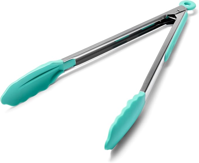 Doosu Kitchen Tongs with Silicone Tips for Cooking Serving (12in, Aqua Sky) | 600°F Heat Resistant Food Tong, Heavy Duty Stainless Steel Locking Tong for BBQ, Grilling Steak, Salad, Toast, Pasta