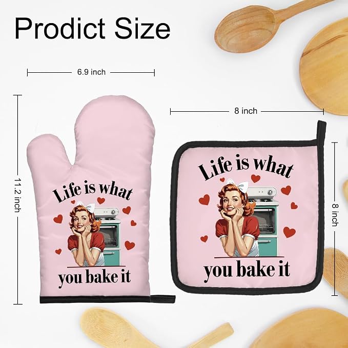 DYJYBMY Life is What You Bake It Funny Oven Mitts and Pot Holder Set for Baking Cooking, Bake Lover Gifts, Vintage Lady Kitchen Gadgets for Women, Hostess Baking Gifts for Mom Sister BFF Chef Friend