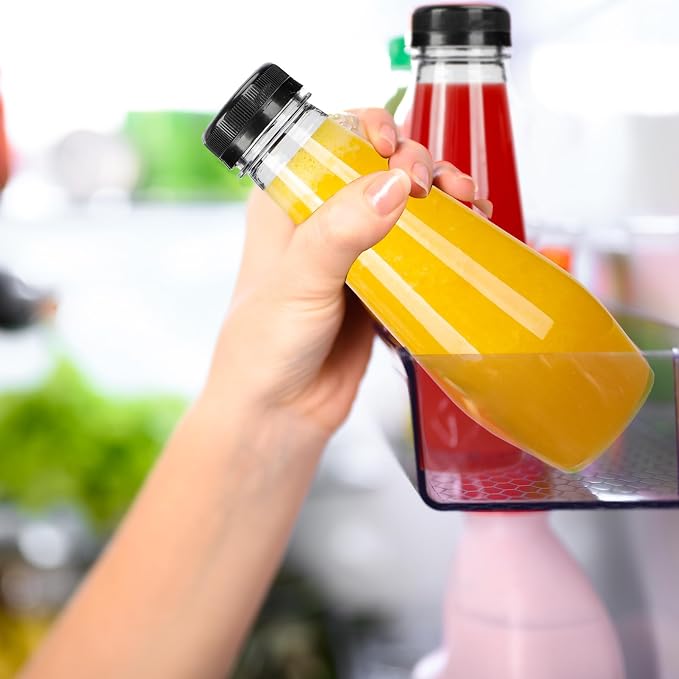 32pcs 12oz Cone Juice Bottles with Caps, Sticker Labels, Brush | Empty Plastic Juicing Bottles with Caps, Reusable Clear Bulk Beverage Containers for Juicing, Drinkings, Milkshake, Tea