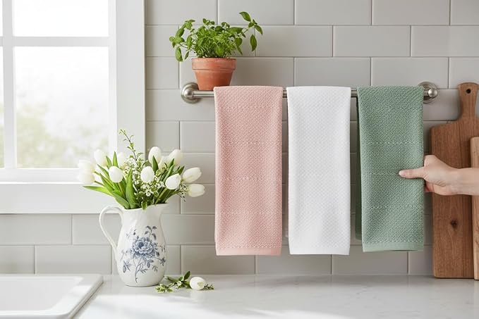 Sage Pink White Kitchen Hand Dish Towels, Set of 3, 100% Cotton, 18" x 28" | Terry Loop Textured, Soft & Absorbent Cleaning Cloth, Quick Dry, Multipurpose for Everyday Use