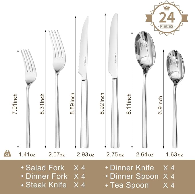 Silverware Set with Steak Knives, 24-Piece Forged Flatware Set Cutlery Set Premium Stainless Steel, Service for 4, for Kitchen, Home, Wedding, Party, Mirror Polished and Dishwasher Safe