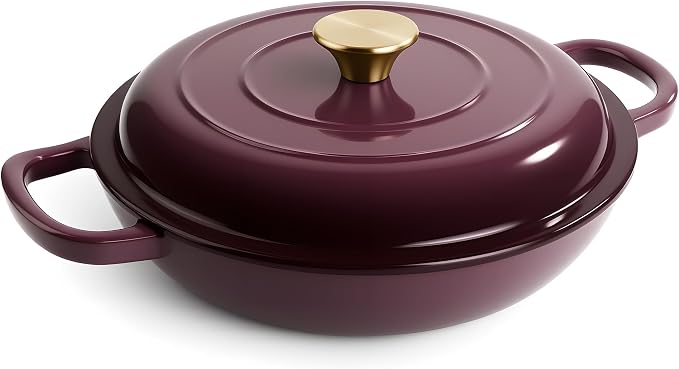 3 Quart Enameled Cast Iron Braiser, Non Stick Enameled Cast Iron Skillet with Lid, Dutch Oven Skillet with lid up to 500°F for Oven, Stove, Grill, Shallow Dutch Oven for Cook, Bake (Fig)