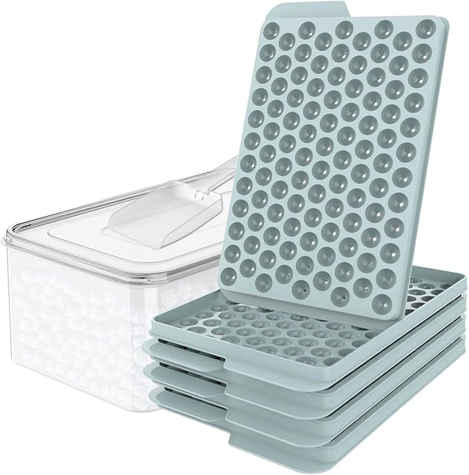 Mini Ice Cube Trays for Freezer with Lid, 0.55" Pebble Ice | 4 Trays-Blue, with Ice Box & Scoop. for Coffee, Bottle, Juice & Drinks, Easy Twist Release, Stackable