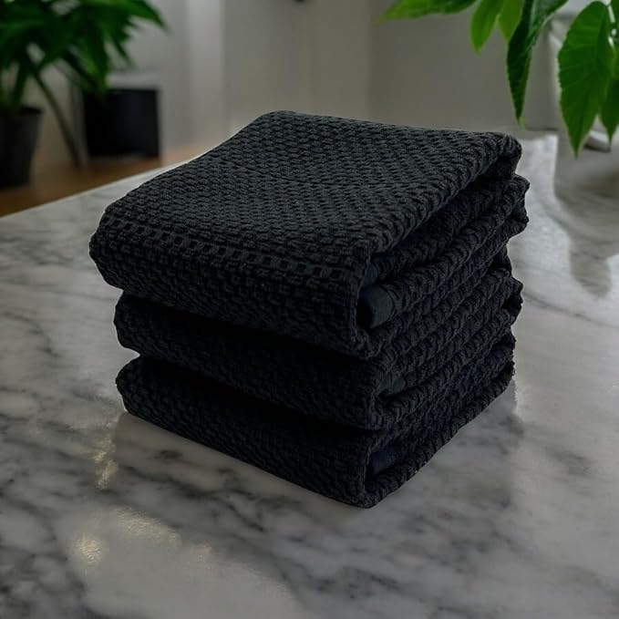 Black Kitchen Hand Dish Towels, Set of 3, 100% Cotton, 18" x 28" | Terry Loop Textured, Soft & Absorbent Cleaning Cloth, Quick Dry, Multipurpose for Everyday Use