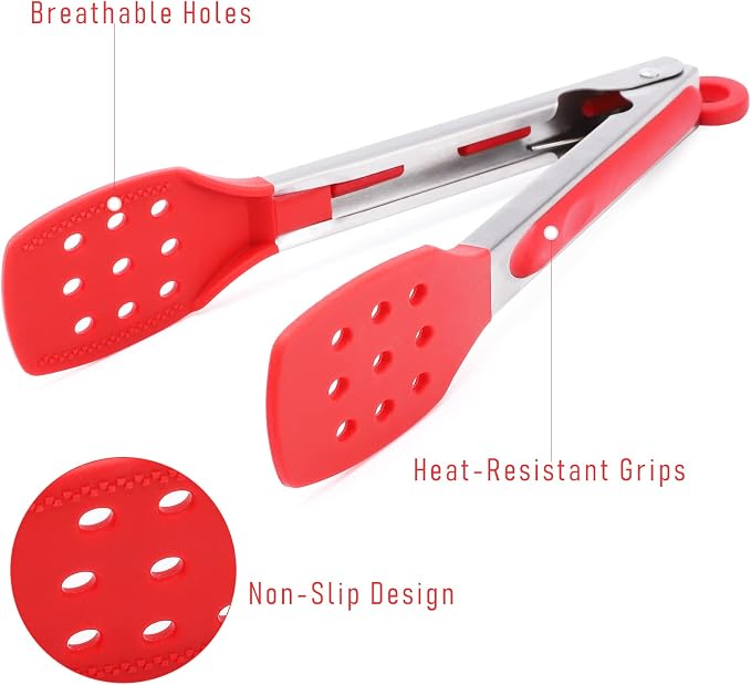 9 Inch Kitchen Tongs, Stainless Steel Cooking Tongs with Silicone Tips | For Cooking/Serving/Grilling | Heat-Resistant | Food-Grade Material | Dishwasher Safe | Red