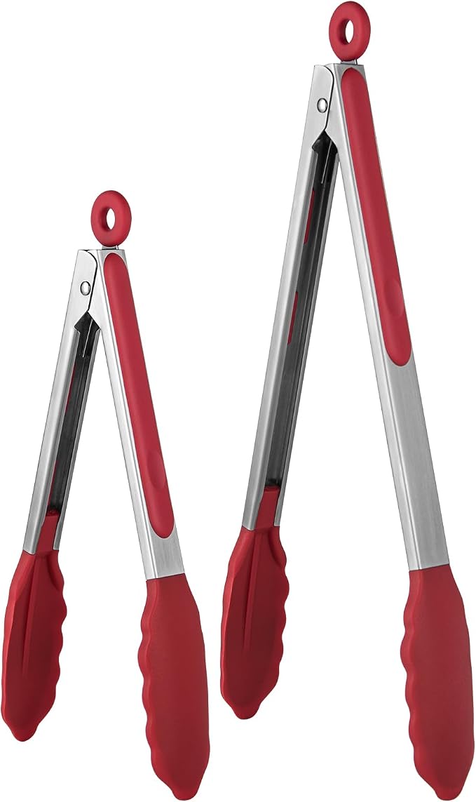 U-Taste Kitchen Tongs for Cooking, 600ºF Heat-Resistant Silicone, 2Pcs/Red | Tong Utensils Set 9/12in, Salad/Grill/BBQ Plastic Tong for Food Serving, Rubber Tipped Tong with 18/8 Stainless Steel Handle