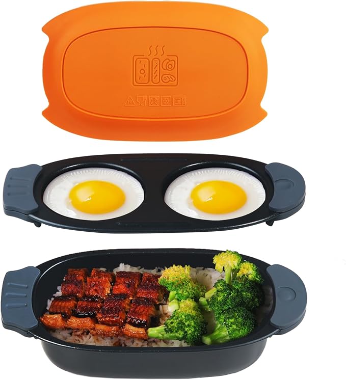 MKYSAIL Quick-Heat Microwave Egg Cooker and 33 OZ Microwave Grill Combo | 2-Piece Breakfast Maker Set for Grilling,Crisping,Bacon,Pancakes & Veggies,Dishwasher Safe,Non-Stick for RV,Dorm,Gift(Orange)