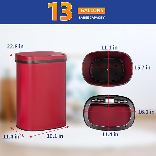 BestOffice | 13 Gallon Stainless Steel Trash Can with Lid | Red | Automatic Touchless Garbage Can | Odor Control | Modern Oval Design | Easy to Clean | For Kitchen, Bathroom, Office or Home