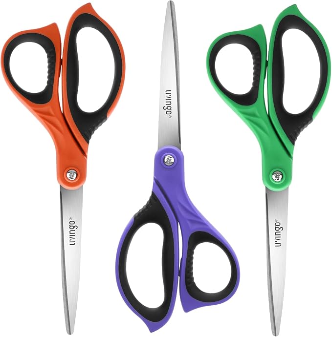 LIVINGO 3 Pack Sharp Scissors All Purpose for Office Cutting Paper, 8.5" | Comfort Grip Handles, Stainless Steel Blades, Fabric Cutting for Home, School, Sewing and DIY Crafts