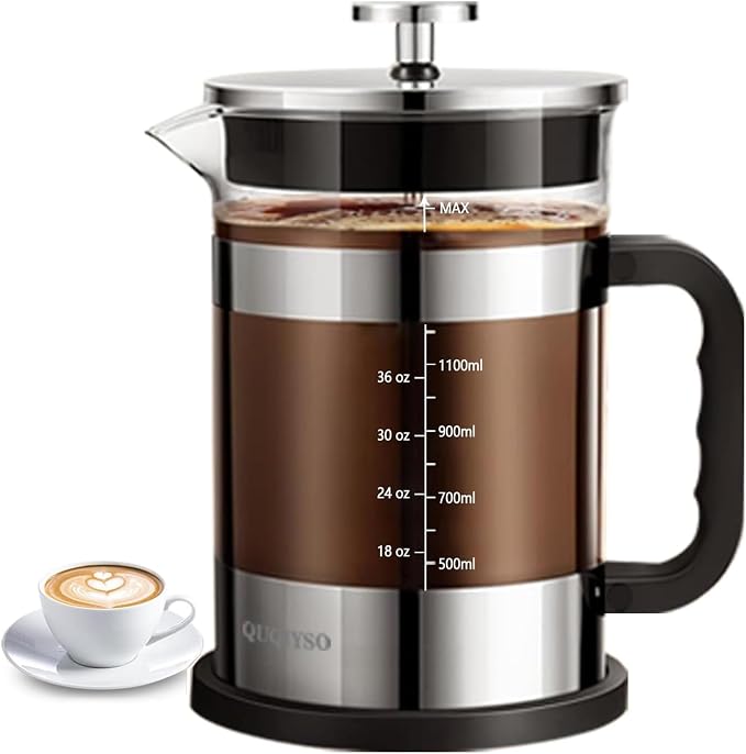 QUQIYSO French Press Coffee Maker 51oz, Large French Press, Thickened Glass | Borosilicate Glass Plastic Free Coffee Maker, Easy to Clean,4 Filter, Coffee Press Suitable for Kitchen Party Camping(Silver)