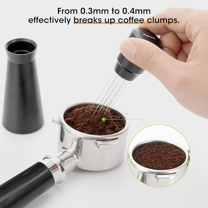 Aieve WDT Tool Espresso, Metal Distribution Tool with 10 x 0.4mm Stainless Steel Needles Espresso Stirrer, Coffee Distributor Aluminum Alloy Handle & Stand with 10 Extra Needle