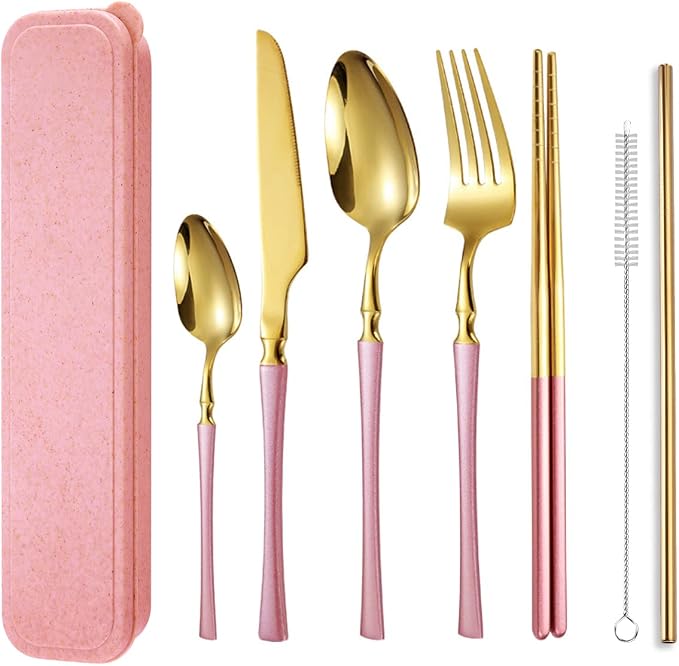 AARAINBOW 7 Pieces Stainless Steel Flatware Set Portable Reusable Cutlery Set Travel Utensils Set Including Chopsticks Knife Fork Spoon Straws Cleaning Brush Dishwasher Safe (B-Pink Golden)