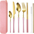 AARAINBOW 7 Pieces Stainless Steel Flatware Set Portable Reusable Cutlery Set Travel Utensils Set Including Chopsticks Knife Fork Spoon Straws Cleaning Brush Dishwasher Safe (B-Pink Golden)