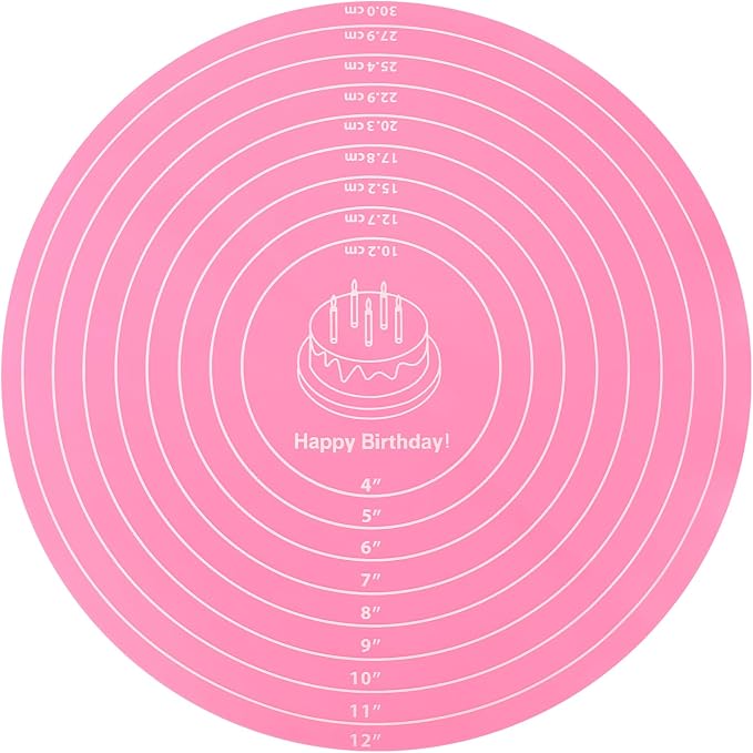 Silicone Baking Mat Cake Mat Round Silicone Baking Mat with Measurements for Cake Turntable Stand Pastry Baking Sheet, Non-Stick and Heat Resistant (Pink)