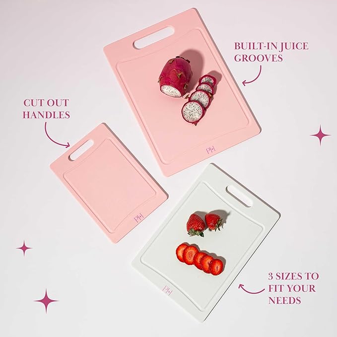 Paris Hilton Cutting Boards for Kitchen, Reversible Dual Sided Plastic Cutting Board Set with Juice Grooves, Easy Grip Handle, Heavy Duty and Made Without BPA, Dishwasher Safe, 3-Piece, Pink and Cream