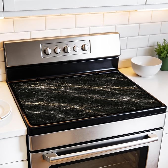 Black Gold Marble Stove Top Cover for Electric Gas Glass Top Stove | Black and gold marble kitchen decor; non-slip stovetop cover, glass cooktop cover, faux marble counter mat for glam kitchen