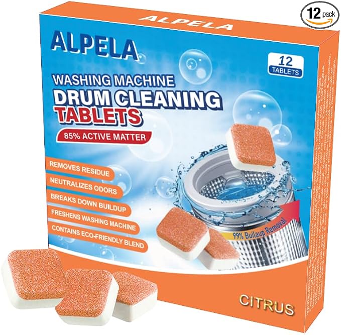 Citrus Washer Cleaner Tablets 12 Count – Septic Safe Washing Machine Cleaner & Odor Eliminator – Deep Cleaning Descaler for HE Front & Top Load Washers – Laundry Tub & Drum Cleaner