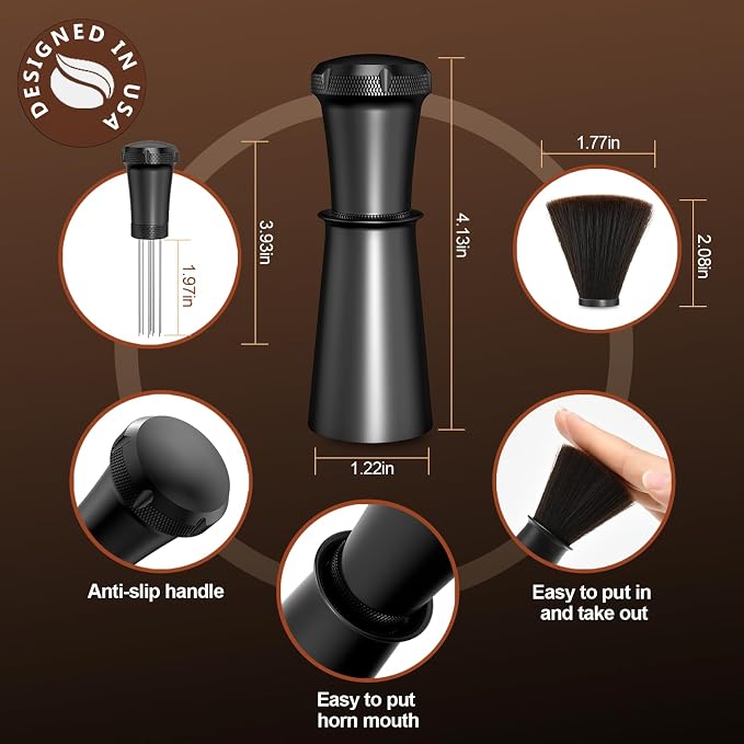 WDT Espresso Distribution Tool, Espresso Accessories with Built-in Cleaning Brush, 0.35mm 10 Needle Distributor and Extra 10 Needles for Espresso Stirrer, Aluminum Handle with Stand for Barista