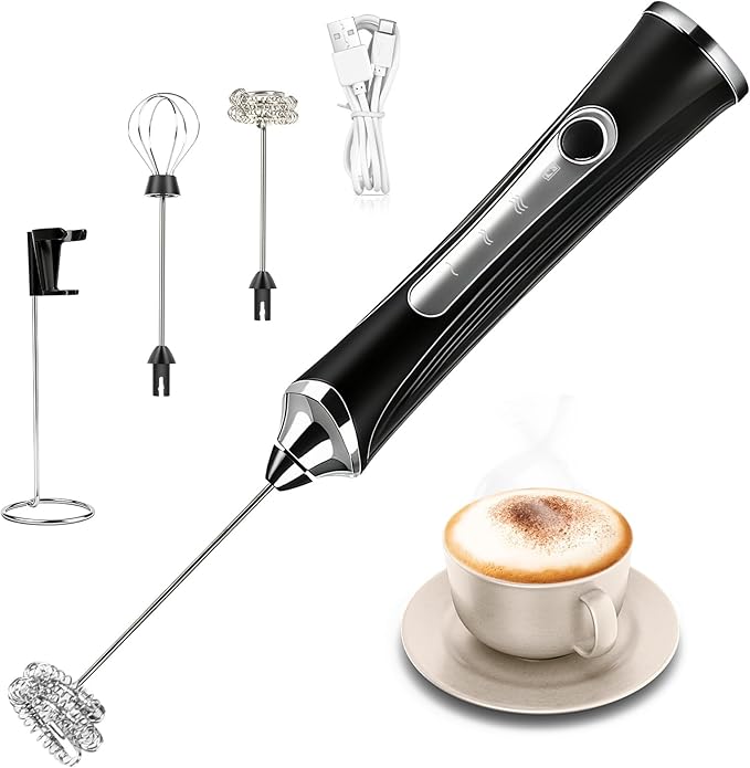 Milk Frother Handheld Rechargeable with Stand 3 Speed Frother Wand | Adjustable Foam Maker Hand Mixer with Detachable Stainless 2 Whisks Electric Coffee Frother Stirrer For Latte, Egg