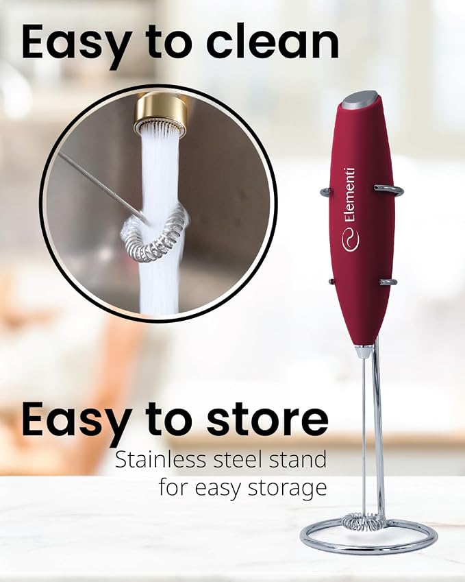 Elementi Milk Frother Wand & Drink Mixer with Stand - Turbo Milk & Coffee Frother Handheld - Hand Held Coffee Mixer Wand & Cold Foam Maker for Frothy Cappuccinos, Lattes & Drink Mixes (Burgundy)