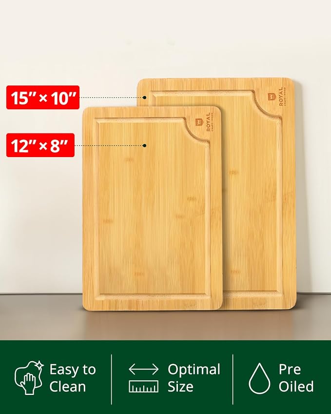 ROYAL CRAFT WOOD Wooden Cutting Boards for Kitchen Meal Prep & Serving - Bamboo Wood Serving Board Set with Deep Juice Groove Side Handles - Charcuterie & Chopping Butcher Block for Meat