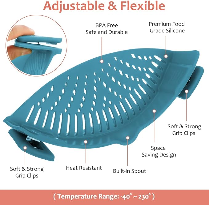 YEVIOR Clip on Strainer for Pots Pan Pasta,Silicone Food Pan Strainer | Food-grade BPA-free,Kitchen Food Strainer for Spaghetti, Pasta,Vegetable Fruits Fits All Bowls and Pots (Teal)