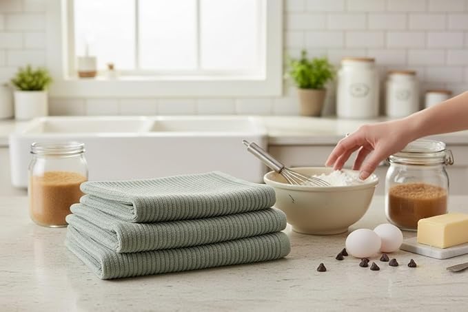 Sage Green Kitchen Hand Dish Towels, Set of 3, 100% Cotton, 18" x 28" | Terry Loop Ribbed Textured, Soft & Absorbent Cleaning Cloth, Quick Dry, Multipurpose for Everyday Use