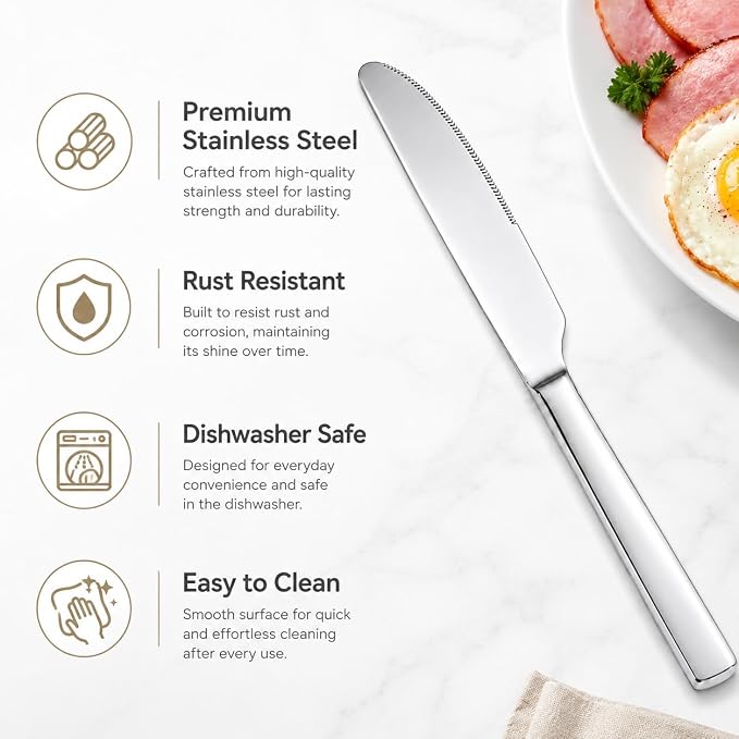 SANTUO 12-Piece Stainless Steel Dinner Knife Set, Mirror Polished Table Knives for 12, Dishwasher Safe Flatware Knives for Home Kitchen, Restaurant, Hotel, Party and Everyday Dining