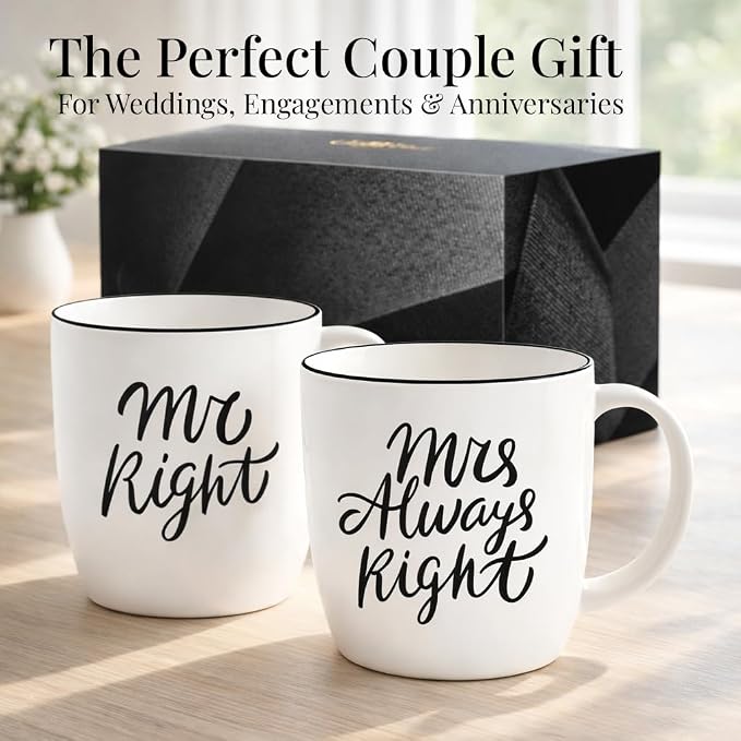Triple Gifffted Mr Right and Mrs Always Right Coffee Mugs Gift Set, 13oz | Gifts for Couples, Wedding Anniversary, Engagement, Christmas, His & Hers, Bride and Groom, Parents, Newlyweds Bridal Shower