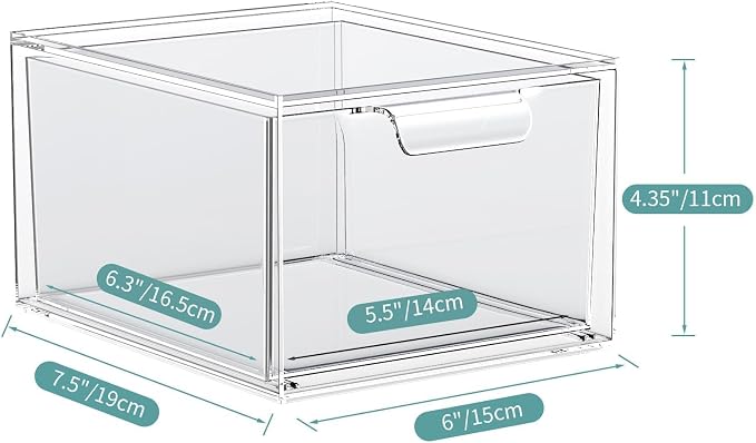 6 Pack Stackable Acrylic Makeup Organizer, Clear Storage Drawers | Clear Plastic Drawer Organizers with Handles for Vanity, Bathroom, Bedroom, Cosmetics, Jewelry and Home Storage