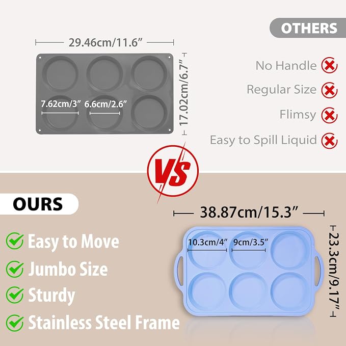 Nonstick Silicone Muffin Top Pan: 6-Cavity 4 Inch Jumbo Silicone Egg Mold | 2 Pcs with Metal Frame for Baking Breakfast Sandwich Hamburger Buns Whoopie Pie Egg Bites - Easy Clean Oven Safe Toeusog
