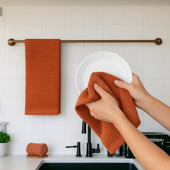 Burnt Orange Rust Kitchen Hand Dish Towels, Set of 3, 100% Cotton, 18x28 | Terry Loop Ribbed Textured, Soft & Absorbent Cleaning Cloth, Quick Dry, Multipurpose for Everyday Use