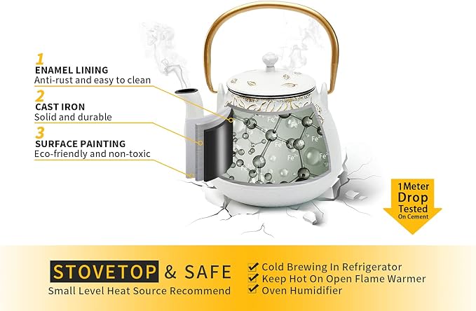 TOPTIER Japanese Cast Iron Tea Kettle with Infuser,Teapot Stovetop Safe, Leaf Design , Coated with Enameled Interior for 32 Ounce (950 ml), White