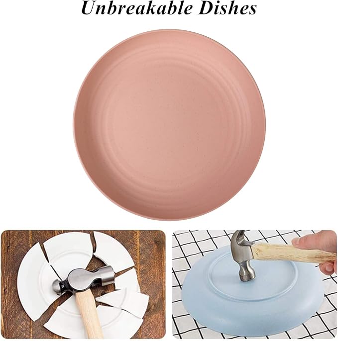 CAMBUY Wheat Straw Plates 8 Pack 8 Inch Reusable Large Dinner Plate Set | Unbreakable Lightweight Dishwasher & Microwave Safe Daily Use Dinner Dishes for Kitchen Outdoor Camping