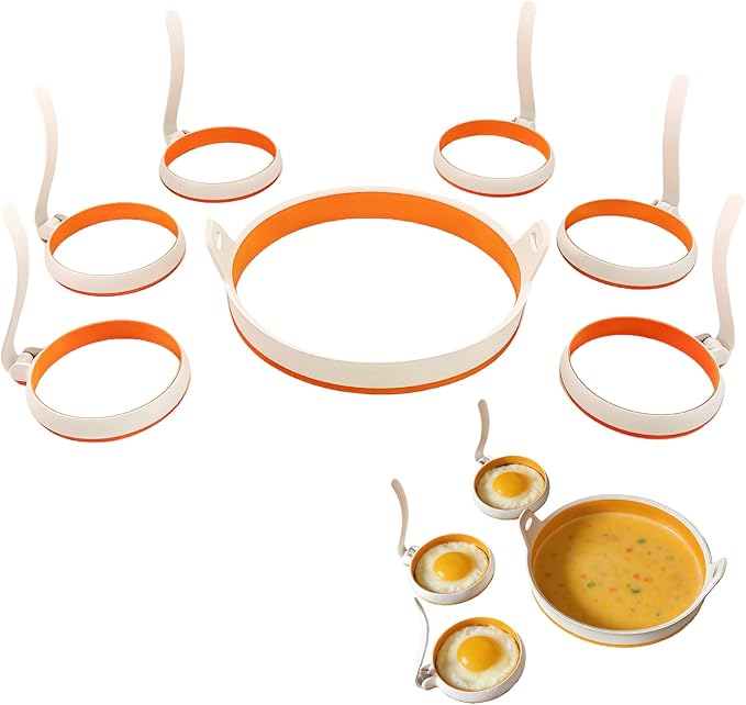 Egg Ring Set, Non Stick Silicone Egg and Omelet Cooker Mold for Pancakes, Patties and English Muffins, 7 Piece Set (ORANGE)