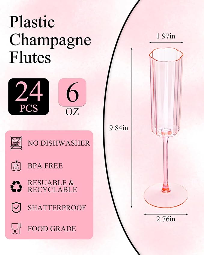 Ciaell 24 Pack Pink Plastic Champagne Flutes for Weddings Birthdays | 6 oz Pink Vintage Flower Wavy Toasting Cups, Heavy Duty Plastic, Champagne Wine Mimosas Cocktails for Parties Bars