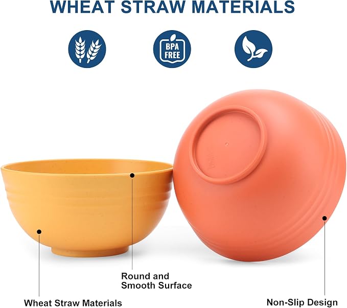 HOTEC 24-Pack Unbreakable Kitchen Plastic Wheat Straw Dinnerware Set – BPA-Free Plates, Bowls & Cups | Lightweight, Microwave & Dishwasher Safe | Multicolor Reusable Tableware for Home & Outdoor Use