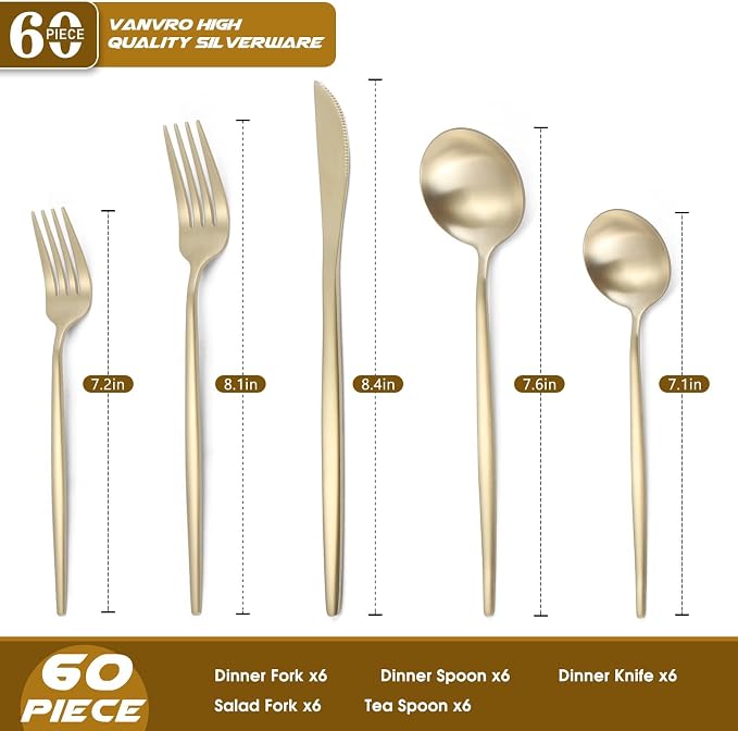 VANVRO Champagne Gold Silverware Set, 60-Piece Stainless Steel Flatware set,Matte Silverware Sets Service for 12, Tableware Cutlery Satin Finish Utensils for Kitchen,Dishwasher Safe