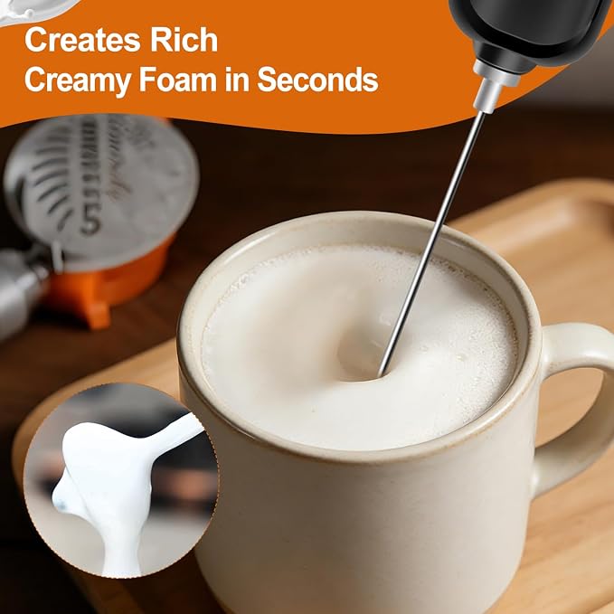 Milk Frother Handheld Battery Operated, Electric Whisk Foam Maker, Handheld Drink Mixer, Mini Frother Wand with Stainless Steel Whisk for Coffee, Cappuccinos, With Stand and Storage Hook