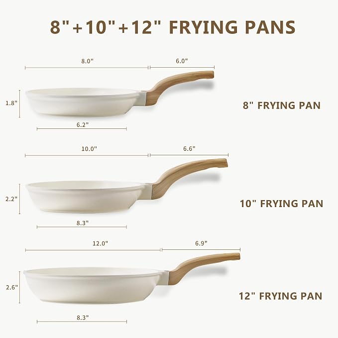 CAROTE 3Pcs Cream White Non Stick Skillet Set, Cream White | Non Toxic Granite Frying Pan with Heat-Resistant Handle, All Stovetops Compatible, PFOA-Free, 8"+10"+12"