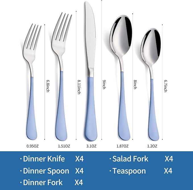 20-Piece Grey Blue Silverware Set, 18/0 Stainless Steel Grey Blue Handle Flatware Set, Service for 4,Modern Cutlery Set Includes Dinner Knives Forks Spoons,Mirror Polished,Dishwasher Safe