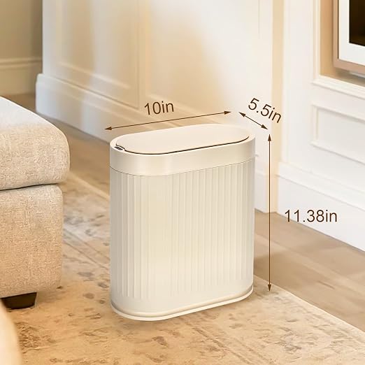 SYNCVIBE Bathroom Trash Can with Lid, 2 Gallon, Automatic Lid, Beige | Motion Sensor Garbage Can, 7.5 Liter Smart Trash Bin, IPX5 Waterproof Narrow Plastic Wastebasket for Bedroom and Office