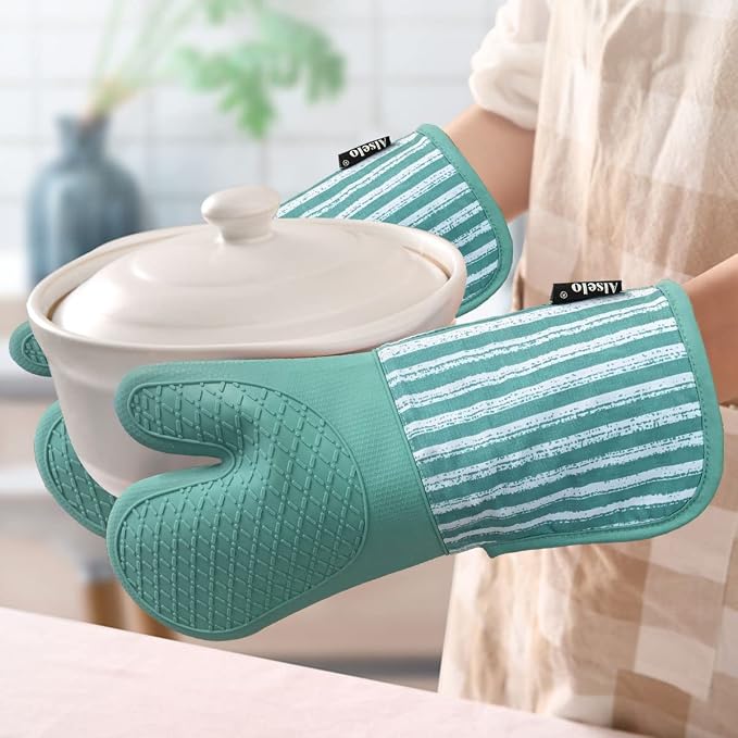 Alselo Silicone Oven Mitts Heat Resistant 932℉ with Waterproof & Non-Slip | Kitchen Mittens Set of 2,Extra Long 7.5"x15" Oven Gloves with Soft Cotton Terry Lining for Baking Cooking BBQ(Green,2)