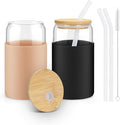 16 oz Glass Cups with Lids - 2 Pack Iced Coffee Cups with Silicone Sleeves | Anti-Slip, Bamboo Lids, Iced Coffee Cup, Home Essential, Coffee Bar Accessories, Glass Tumbler, Reusable, Matcha Cup