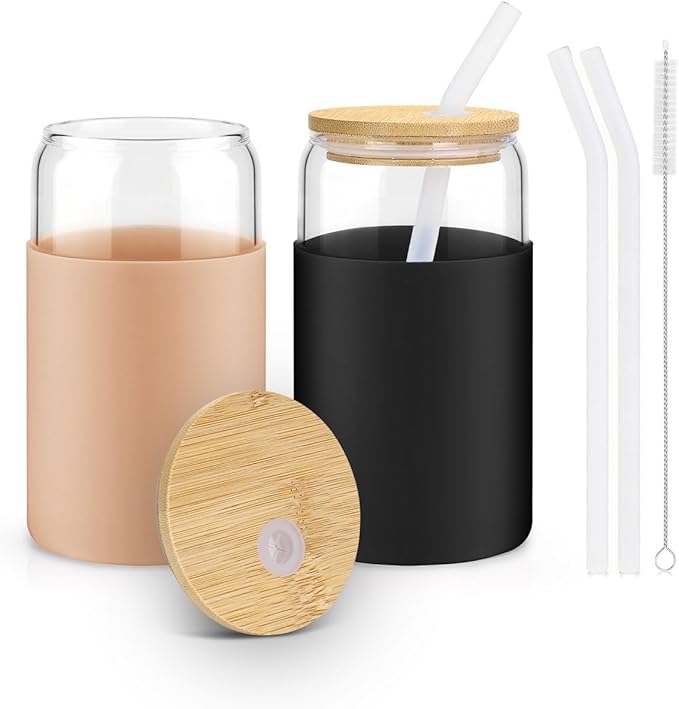 16 oz Glass Cups with Lids - 2 Pack Iced Coffee Cups with Silicone Sleeves | Anti-Slip, Bamboo Lids, Iced Coffee Cup, Home Essential, Coffee Bar Accessories, Glass Tumbler, Reusable, Matcha Cup